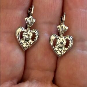 Vintage Elegant Silver & Crystal Lever Back Heart Earrings